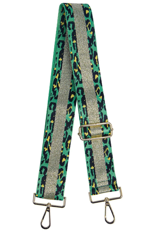 Green animal print with gold glitter stripe bag strap - Gold hardware