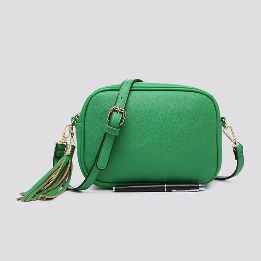 Green camera bag with tassel zip