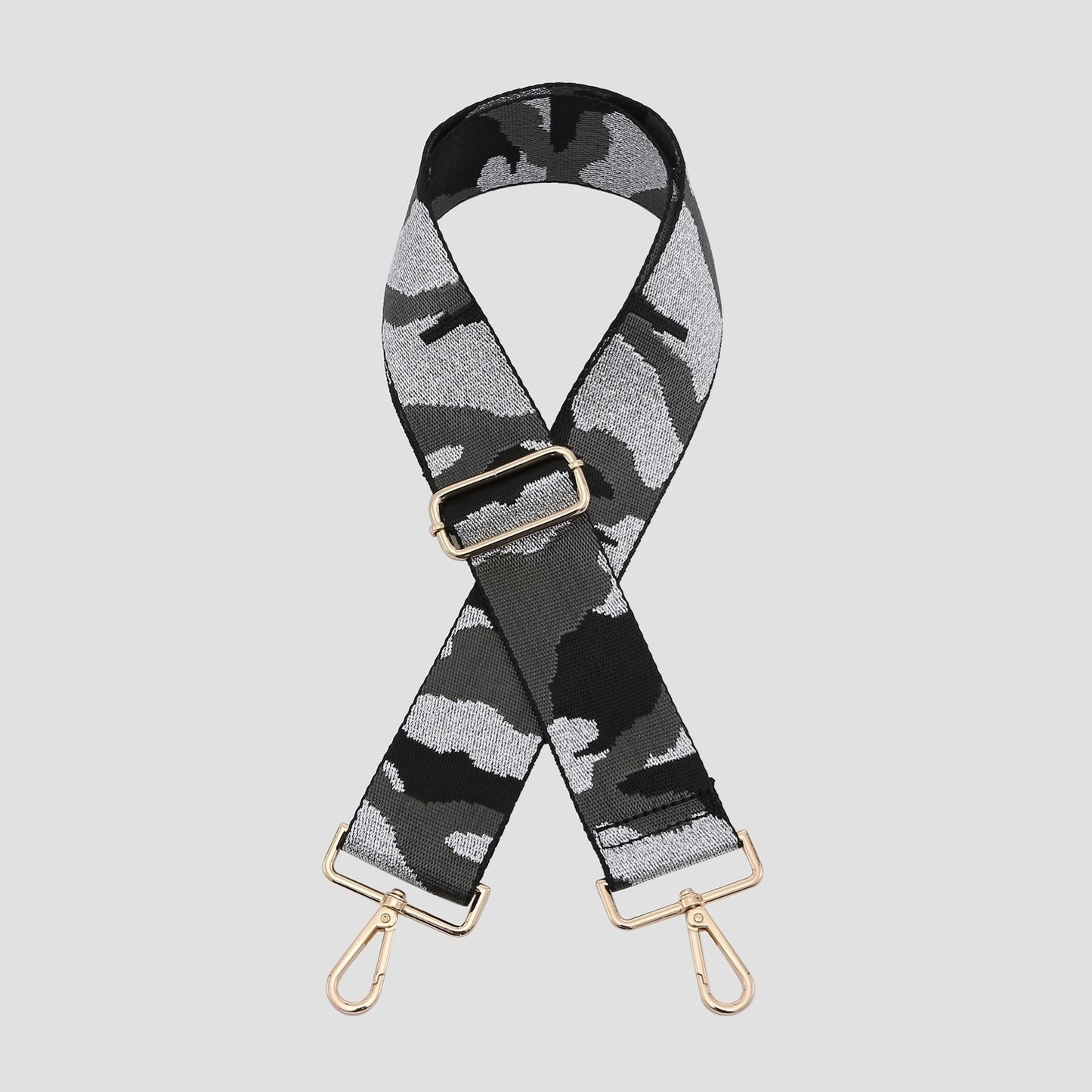Black/Grey glitter camo print bag strap - Gold Hardware
