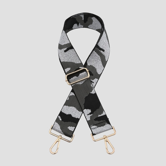 Black/Grey glitter camo print bag strap - Gold Hardware