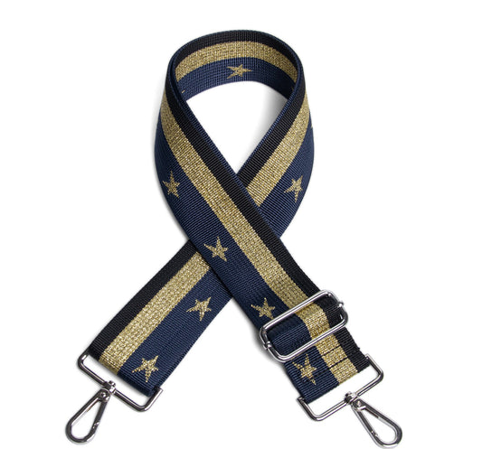 Navy bag strap with gold stars and stripes - Silver hardware