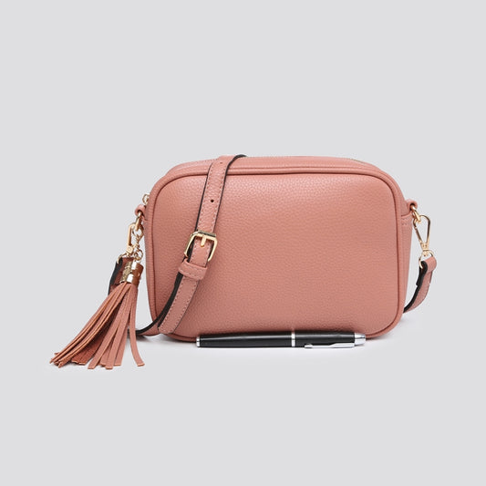 Salmon pink camera bag with tassel zip