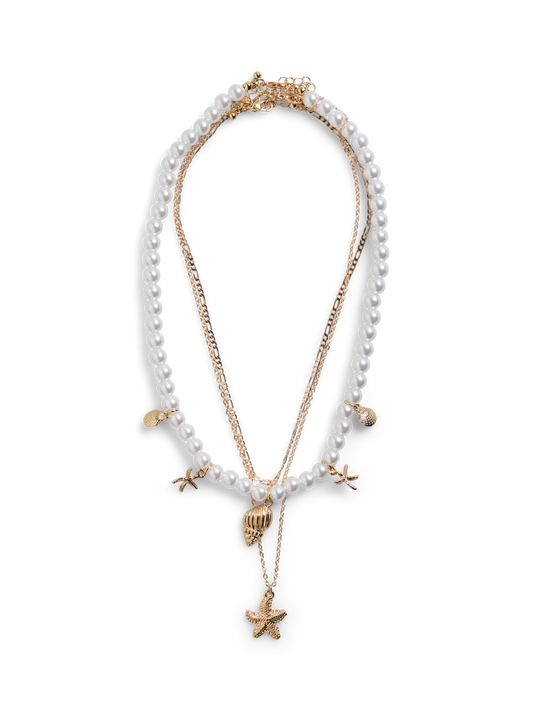 3 Chain Layered Pearl / Shell Necklace - Gold Colour