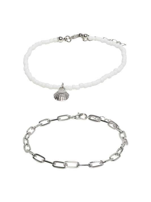 2-Pack Anklet - White beads / Silver shell
