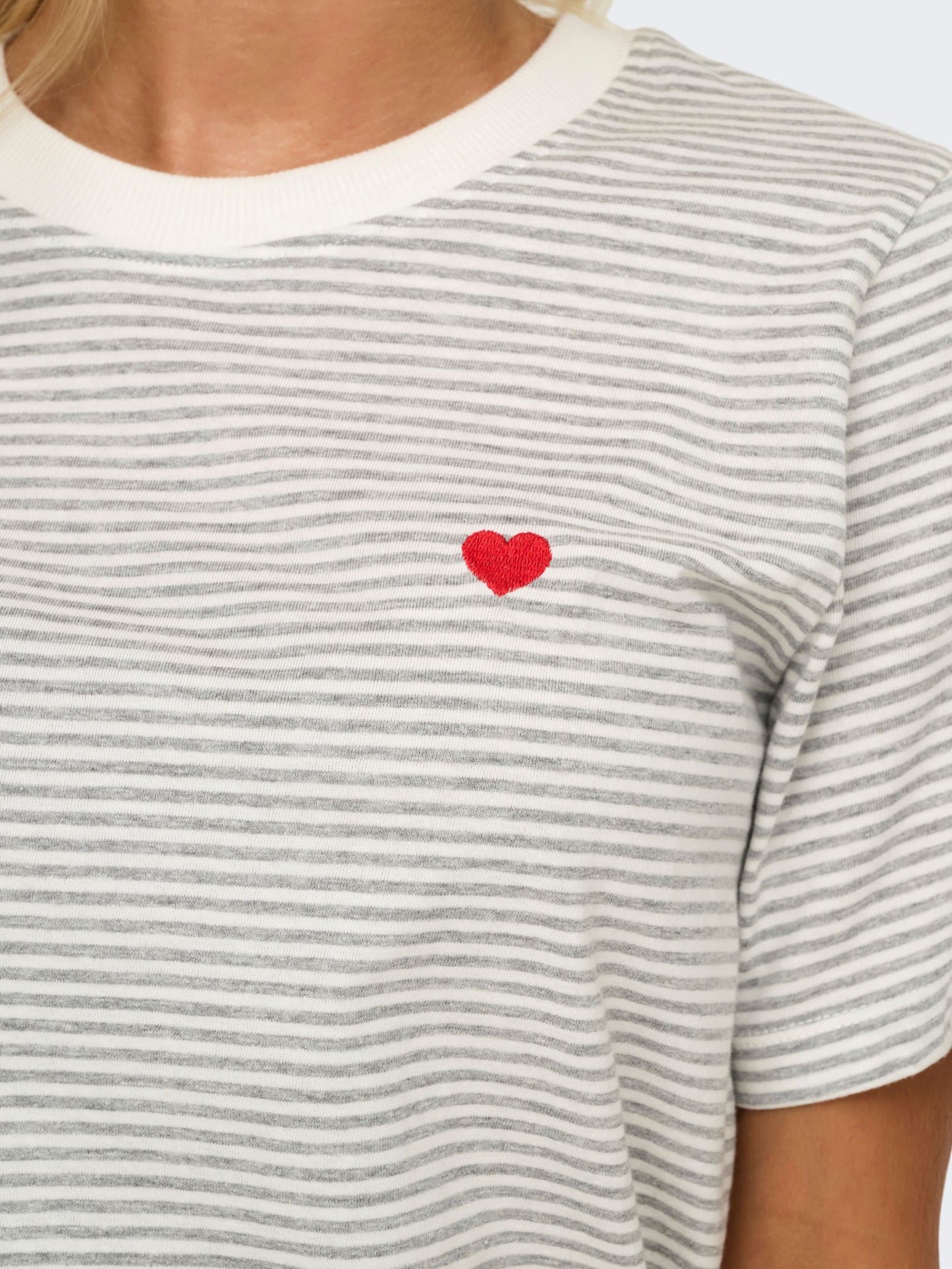 Cream & Grey Stripe T-Shirt - Red Heart Motif