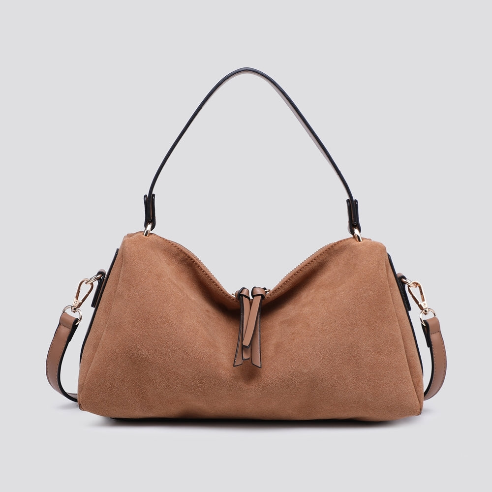 Suede Effect Small Tote Bag - Tan Colour