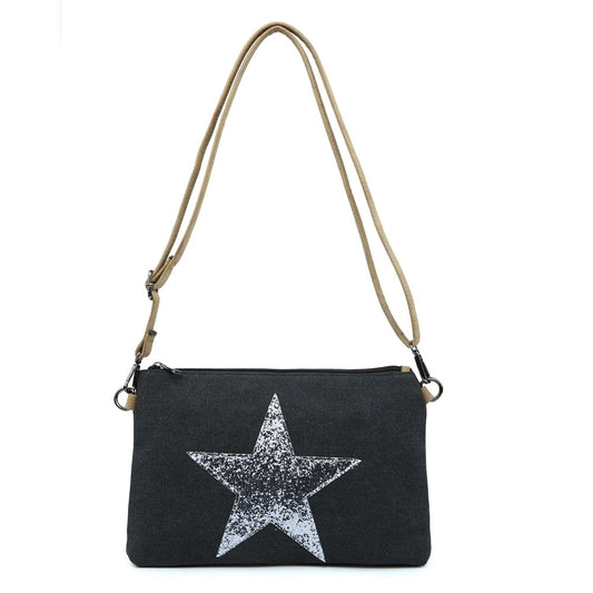 Black glitter silver star clutch - shoulder strap included